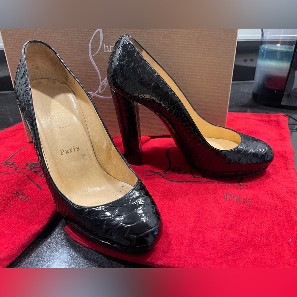 37.5 “GRAPI” Christian Louboutin Black Exotic Python-Skin  Pumps 4.5” heel